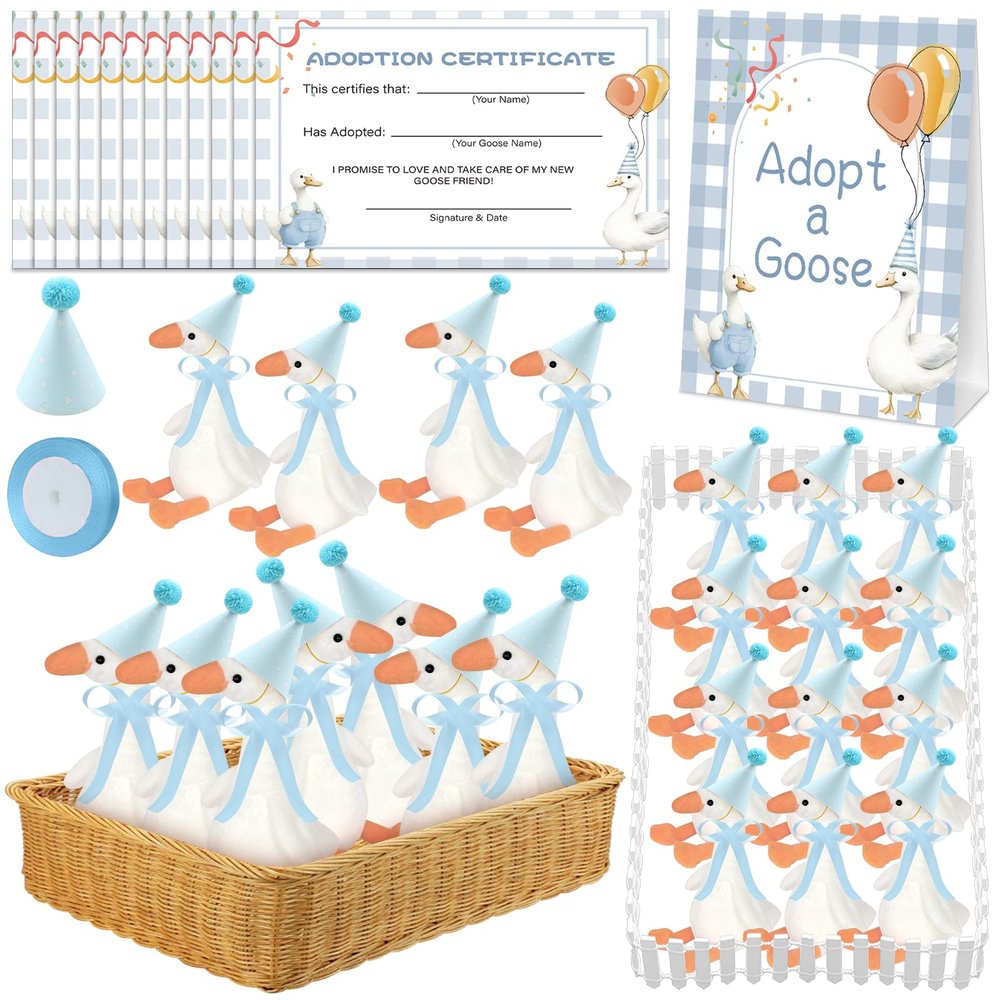 39 Pcs Adopt a Silly Goose Party Favor Include 12 Silly Goose Stuffed Animal 12 Mini Hat 12 Adoption Card 1 Adoption Sign 1 Ribbon 1 Fence for One Silly Goose Baby Shower Party 1st Birthday Decoration