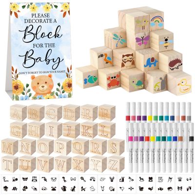 Aisharery 117 Pcs Baby Shower Blocks to Decorate Game Kit Includes 52 Wooden Blocks 24 Markers 1 Game Sign 40 Templates to Paint (Blue Bear)