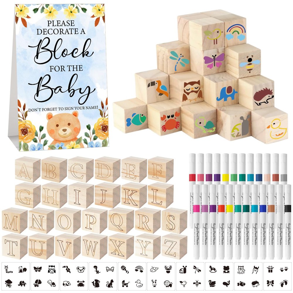 Aisharery 117 Pcs Baby Shower Blocks to Decorate Game Kit Includes 52 Wooden Blocks 24 Markers 1 Game Sign 40 Templates to Paint (Blue Bear)