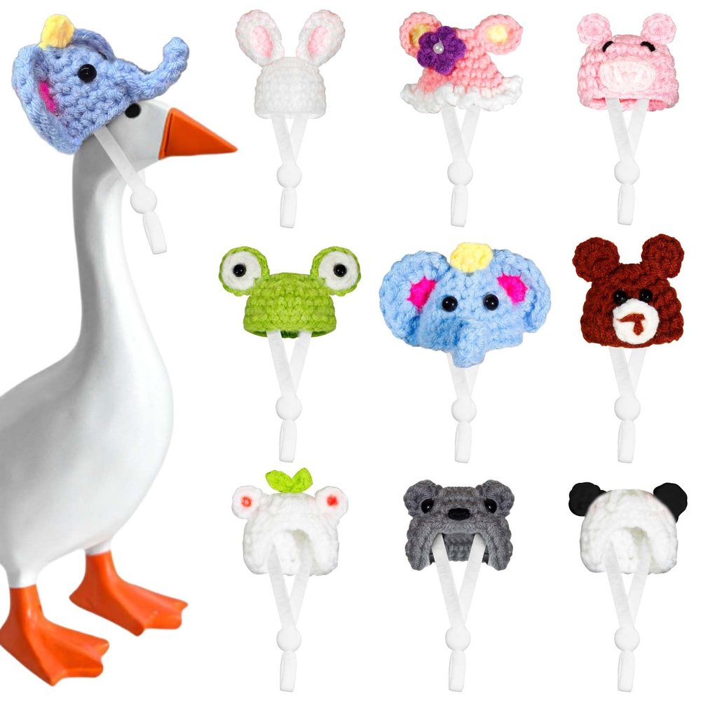 9 Pcs Mini Knitted Hats for Desk Goose, 7inch Desk Goose Outfits Hats with Adjustable Strap, Mini Animal Desktop Goose Knitted Hats for Goose Key Holder