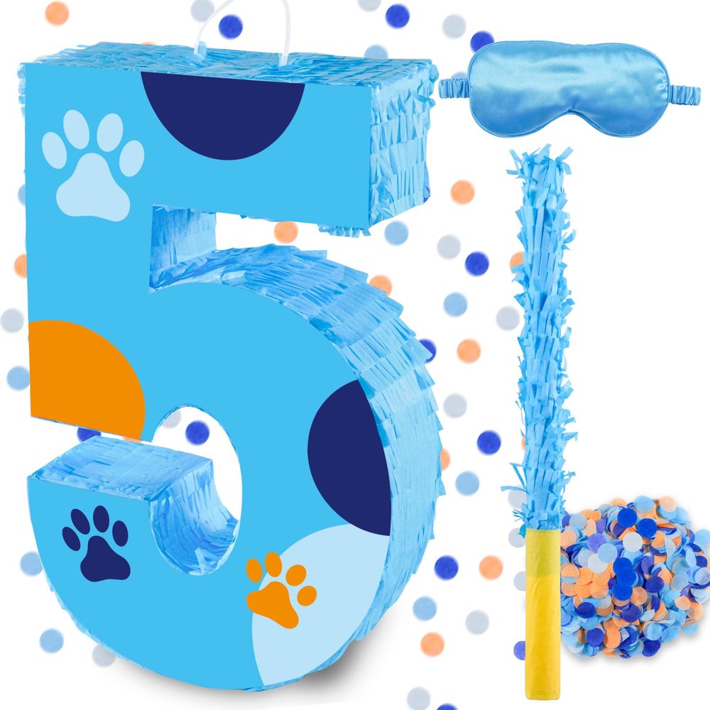 16 Inch Number 5 Dog Paw Pinata with 16 Inch Piata Stick Blindfold Confetti for Boy Girl Kids 5th Birthday Party Decorations (5th)
