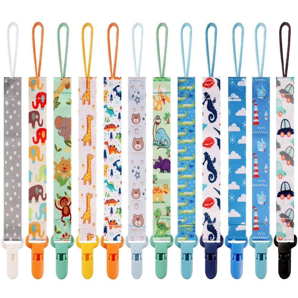 12 Pack Pacifier Clips with Strap 25.5cm - Premium Polyester Baby Pacifier Holder Set, Multi-Design Clips for Boys Girls Multi Color C