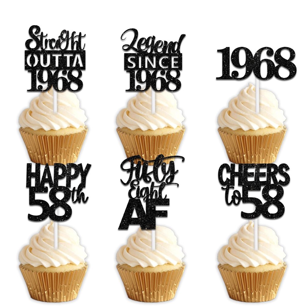 18pcs Black Glitter Dessert Cupcake Pick for Straight Outta 1968 Legend Since 1968 Theme Decor Supplies Men Happy 58th Birthday Party Decoration