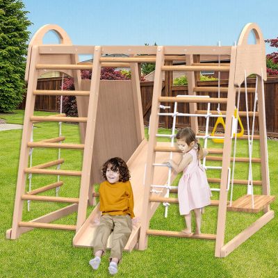 7 in 1 Wooden Jungle Gym Play Gym for Toddlers Kids Ages 4-8, Indoor Outdoor Slide,Climbing, Wall Rope Climber, Rings, Swing, Climbing Playset and Play Structures