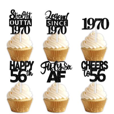 18pcs Black Glitter Dessert Cupcake Pick for Straight Outta 1970 Legend Since 1970 Theme Decor Supplies Men Happy 56th Birthday Party Decoration