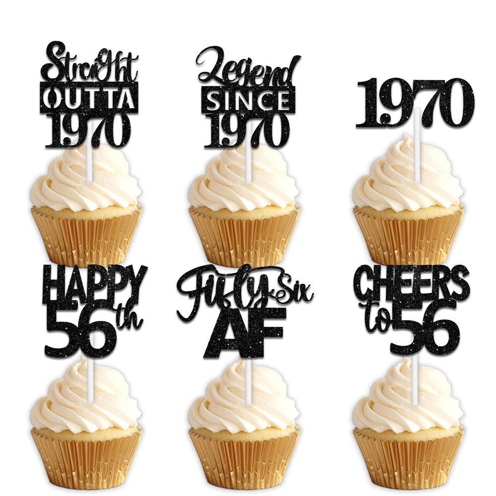 18pcs Black Glitter Dessert Cupcake Pick for Straight Outta 1970 Legend Since 1970 Theme Decor Supplies Men Happy 56th Birthday Party Decoration