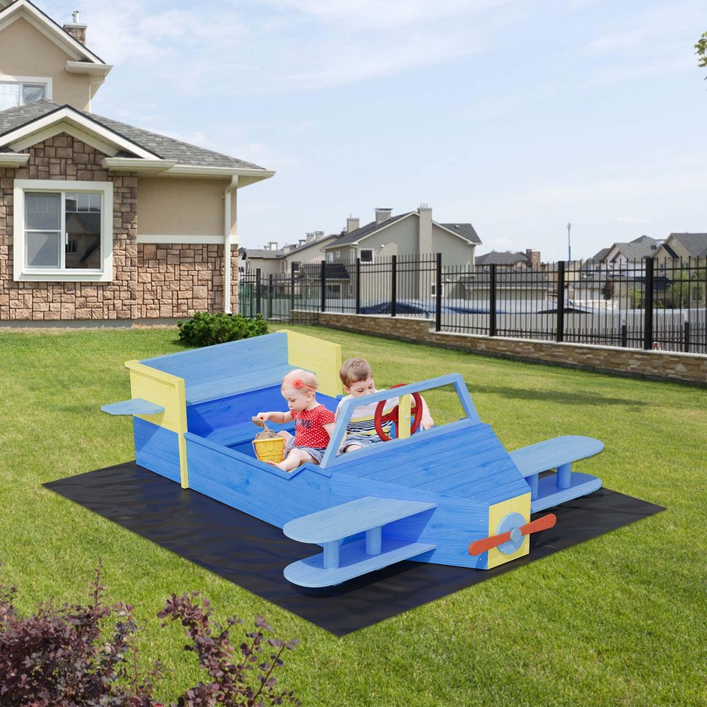 Airplane Wooden Sandbox, Outdoor Sand Box Bottom Liner, Adjustable Height & Rotatable Canopy for Ages 3-8, Spacious Kids Sand Pit for Beach, Patio, Backyard