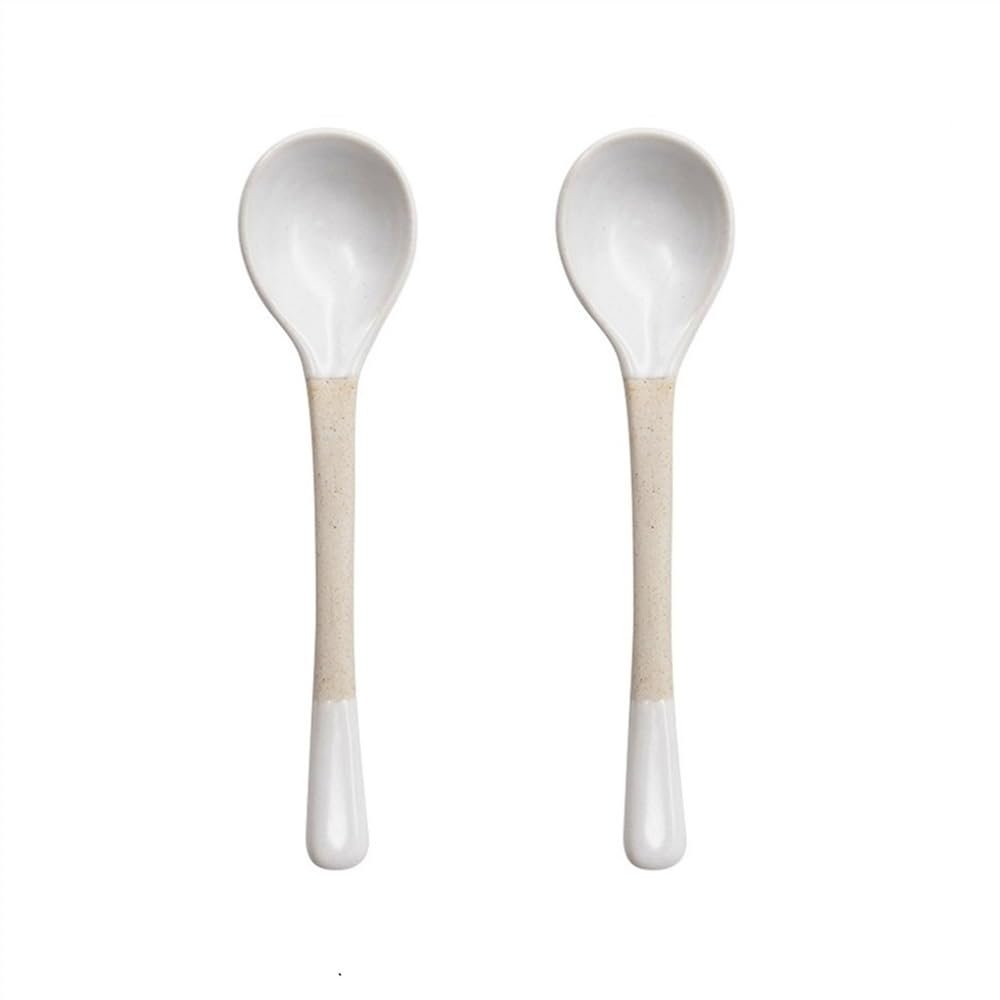 2 Pieces Handmade Ceramic Cute Long Handle Coffee Mixing and Stirring Spoon Rough Ceramic Dessert Spoons(White)
