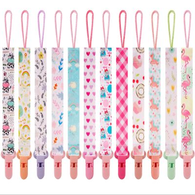 12 Pack Pacifier Clips with Strap 25.5cm - Premium Polyester Baby Pacifier Holder Set, Multi-Design Clips for Girls BoysMulti Color B