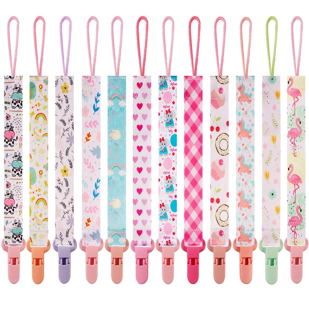12 Pack Pacifier Clips with Strap 25.5cm - Premium Polyester Baby Pacifier Holder Set, Multi-Design Clips for Girls BoysMulti Color B