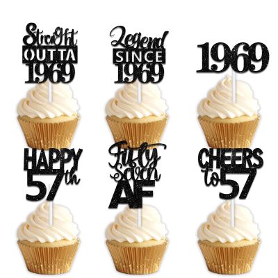 18pcs Black Glitter Dessert Cupcake Pick for Straight Outta 1969 Legend Since 1969 Theme Decor Supplies Men Happy 57th Birthday Party Decoration