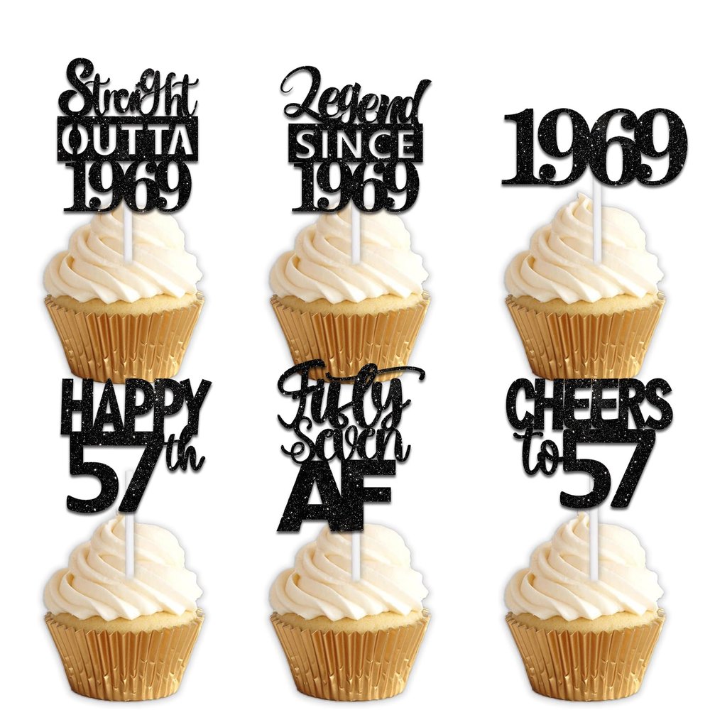 18pcs Black Glitter Dessert Cupcake Pick for Straight Outta 1969 Legend Since 1969 Theme Decor Supplies Men Happy 57th Birthday Party Decoration
