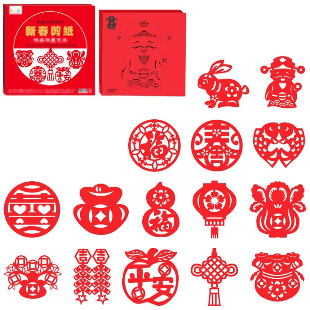 30PCS Chinese Paper Cutting Kit, Red Paper Art Crafts Kits for Window Decoration Spring Festival New Year Celebration Activity