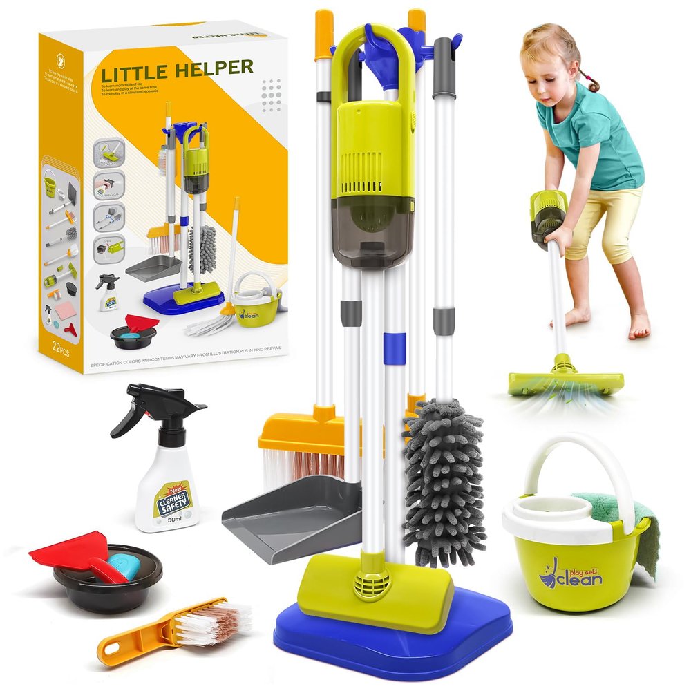 Dreamon Toddler Cleaning Set - 14Pcs Kids Cleaning Toy Set with 2-in-1 Kids Vacuum That Really Works, Pretend Home Cleaning Play Set for Toddler Age 3-7, Christmas Birthday Gift for Girls BoysBlue