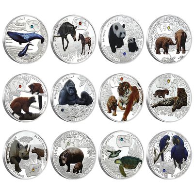 12pcs/Set African Endangered Animals Challenge Coin Metal Crystal Kwacha Commemorative Coin Collection Gift