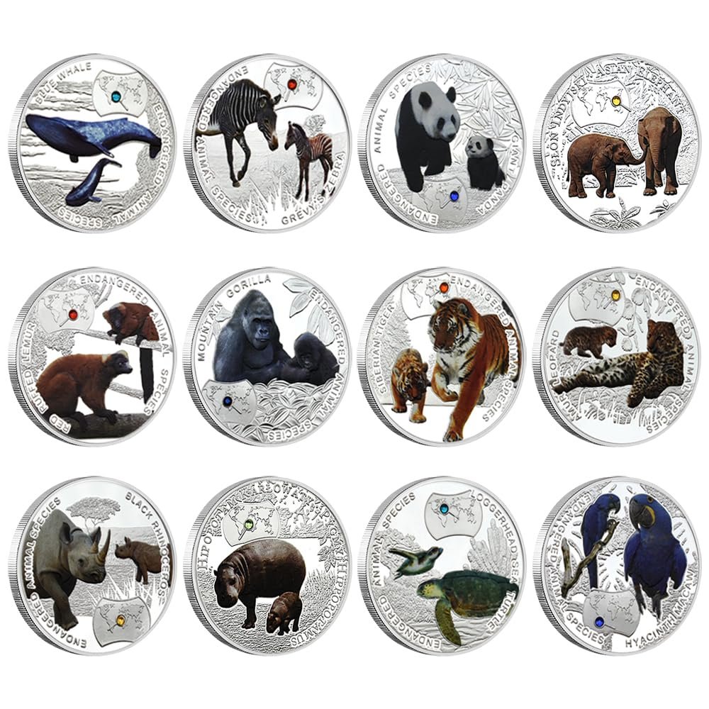 12pcs/Set African Endangered Animals Challenge Coin Metal Crystal Kwacha Commemorative Coin Collection Gift