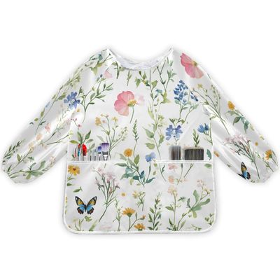 Bolaz Art Smock for Kids Toddlers 4-6 Artist Smocks with Pockets Green Flower Grass Eating Waterproof Apron