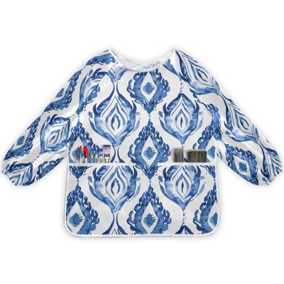 Bolaz Painting Smocks for Kids 2-4 Eating with Pockets Shibori Waves Blue Line Waterproof Toddler Apron