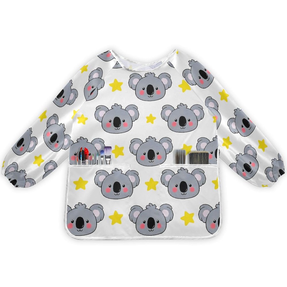 Bolaz Painting Smocks for Kids 2-4 Eating with Pockets Koala Stars Waterproof Toddler Apron