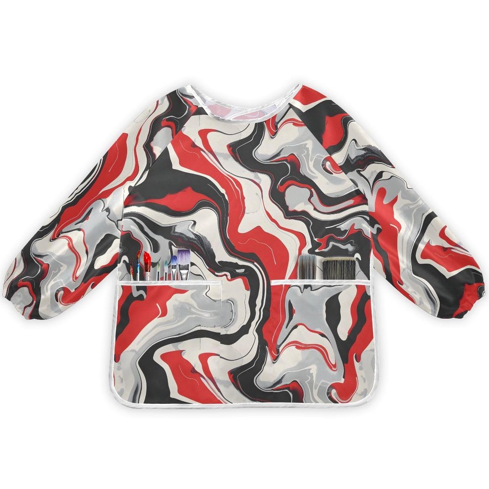 Painting Smocks for Kids 2-4 Eating with Pockets Red Gray White Black Marble Waterproof Toddler Apron