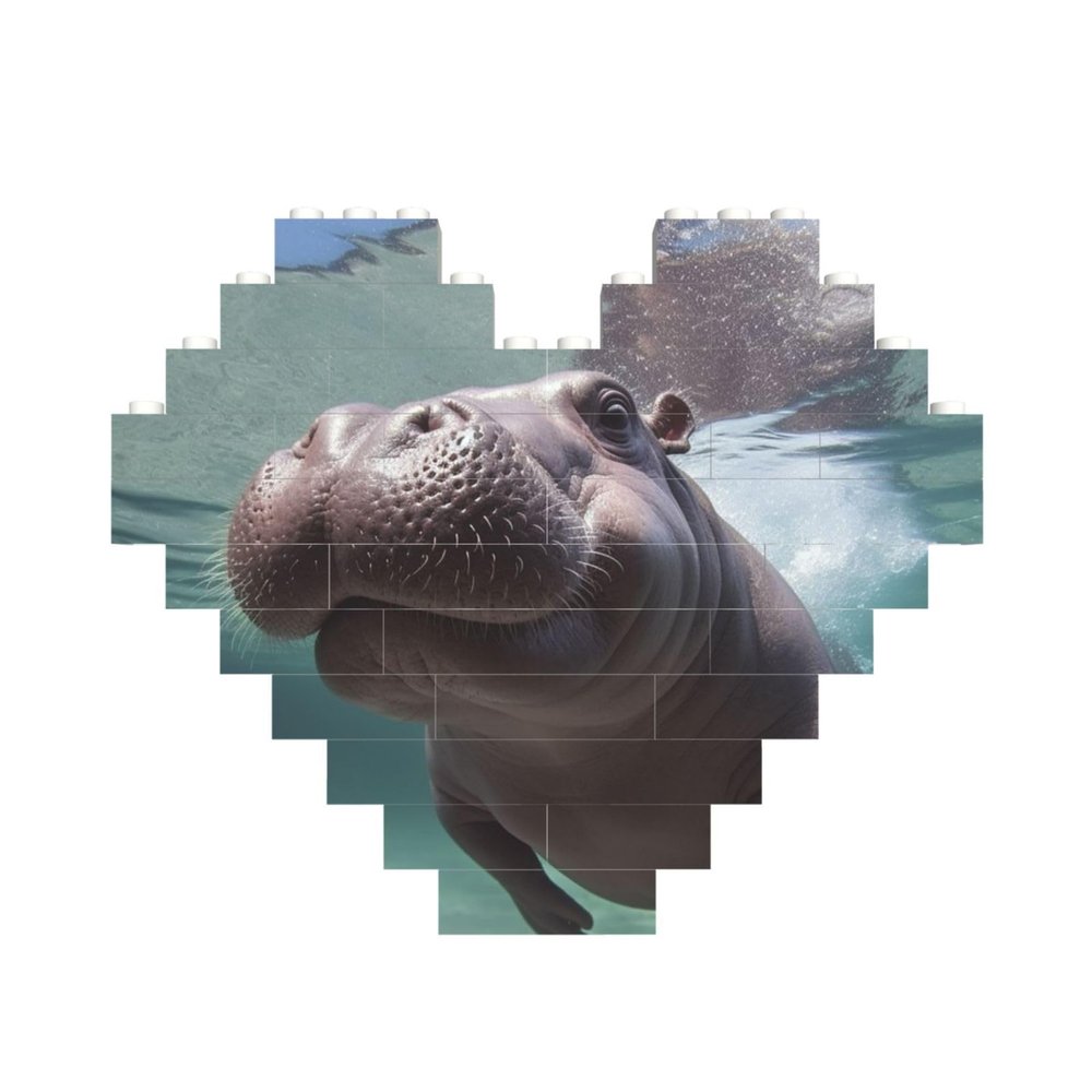 Diving Hippo Building Brick Block Puzzle Heart Shaped, Personalized Picture Puzzles Photo Jigsaw Puzzles for Adults 3D Micro Building Blocks for Home Decor Bricks Set