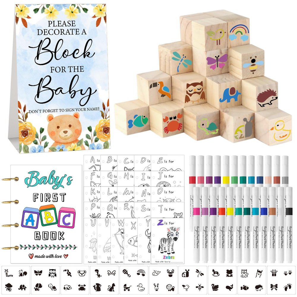 146 Pcs Baby Shower Game Sign Set Includes Decorative Square 54 DIY Blank Wooden Blocks 24 Paint Markers 27 Page Babys First ABC Book (Blue Bear)