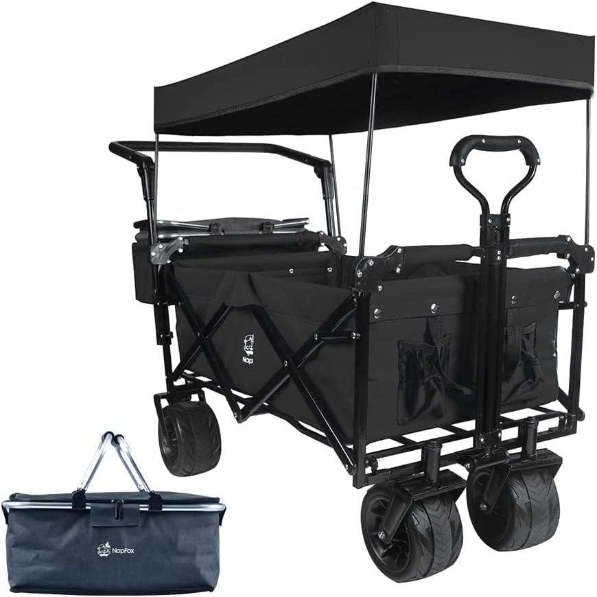 Foldable Wagon for Kids with CanopyStroller Wagon Cart, 140L Collapsible All-Terrain with Wheels & Brake, Toddler with Cooler Bag for Camping Beach Shopping Park Outings