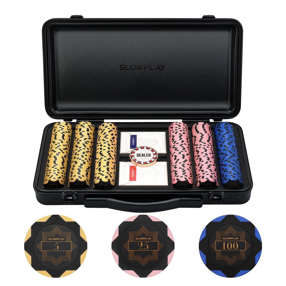 SLOWPLAY Nash 14g Clay Poker Chip Set Black Gold Edition 300PCS Core Set for Texas Holdem | Numbered Chips: 5, 25, 100 | Premium Case with Durable German Polycarbonate Shell