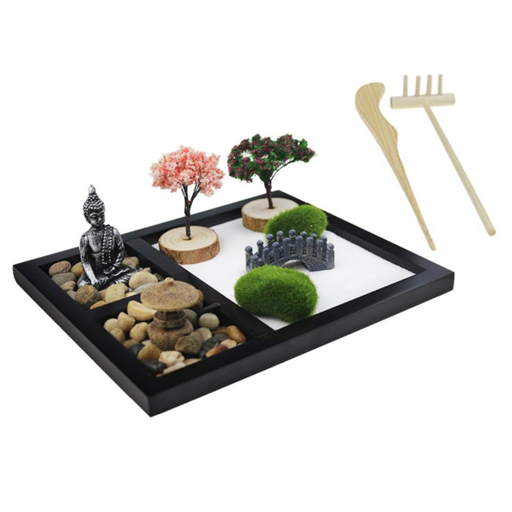 Kisangel Mini Zen Garden Kit for Desk Decorative Sand Table Artware Resin Buddha Figurine for Home and Office Meditation Decor