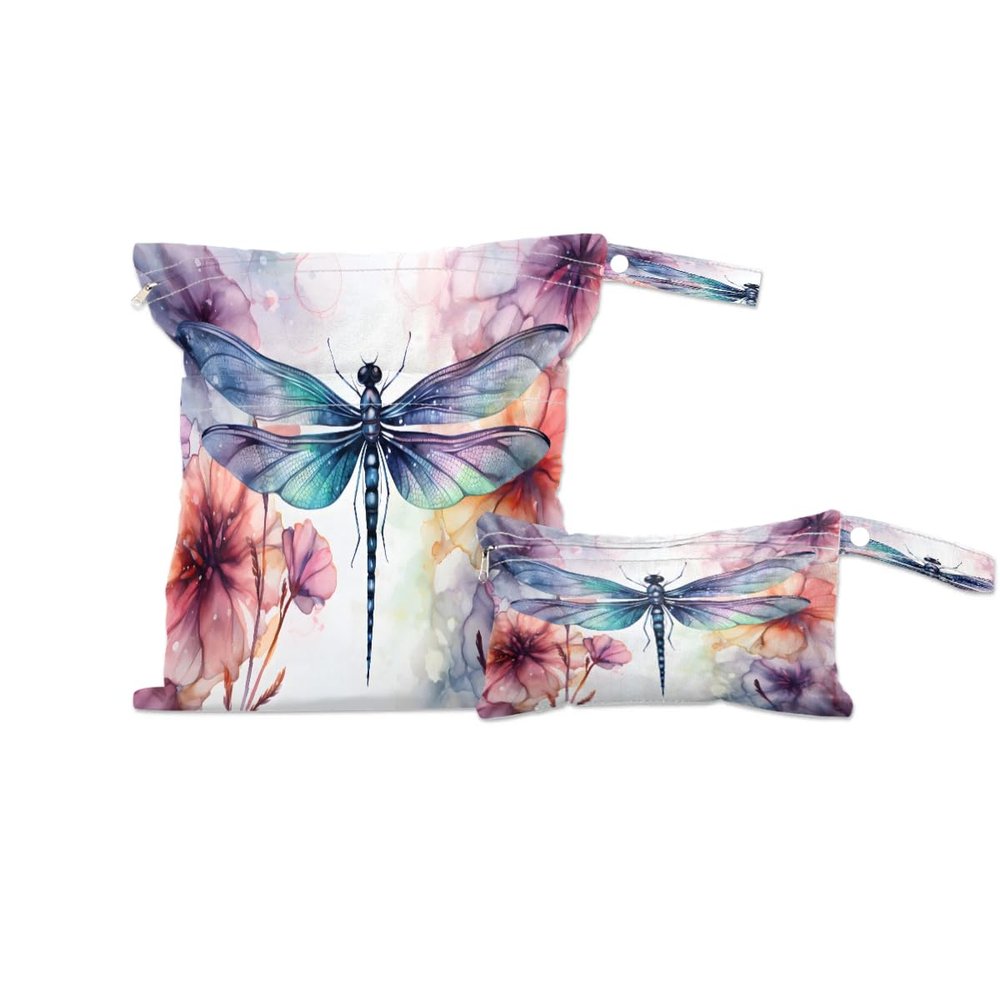 Wet Bags 2Pcs Wet Dry Bag Waterproof Travel Laundry Bags Swimsuit Bags Storage Dragonfly Watercolor Floral Cloth Diaper Bathing Suit 0rganizer for Beach, Yoga, Gym, Pool