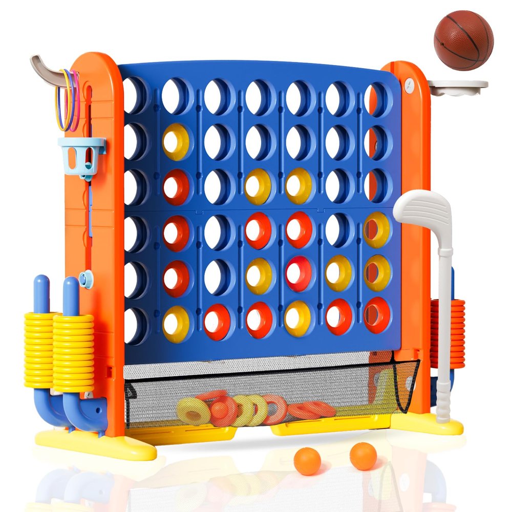 LZDMY Giant 4-in-A-Row Game Set, Adjustable Height 4 Jumbo Yard Game with Basketball Hoop, Ring Toss, Golf & Mesh Pocket, Indoor/Outdoor Yard 4 Game for Kids Adults