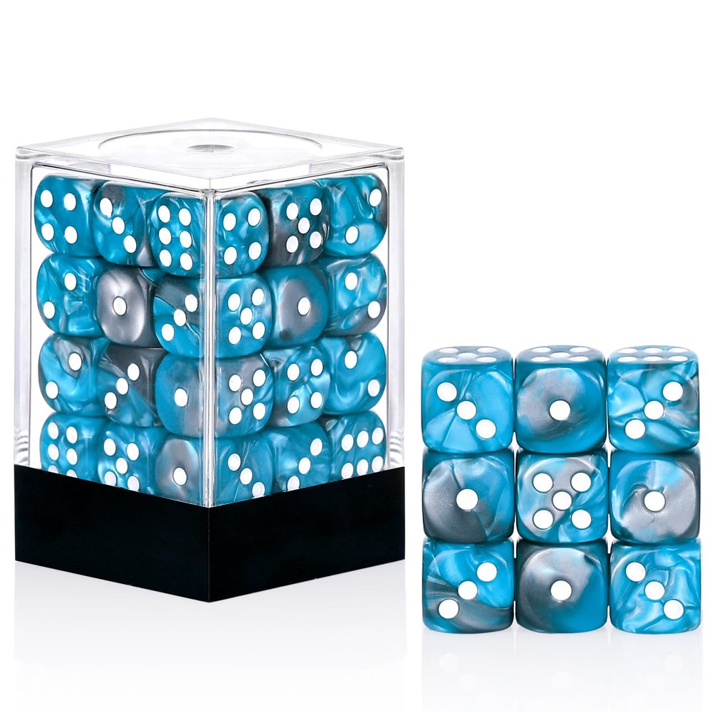 36 Pieces 12mm 6 Sided Mini Dice Set,Two Colours D6 Game Dice Set,6 Sided Standard Game Dice for Board Games Dice Games Classroom Teaching Dices Game,with Portable Gaming Box(Blue & Silver)
