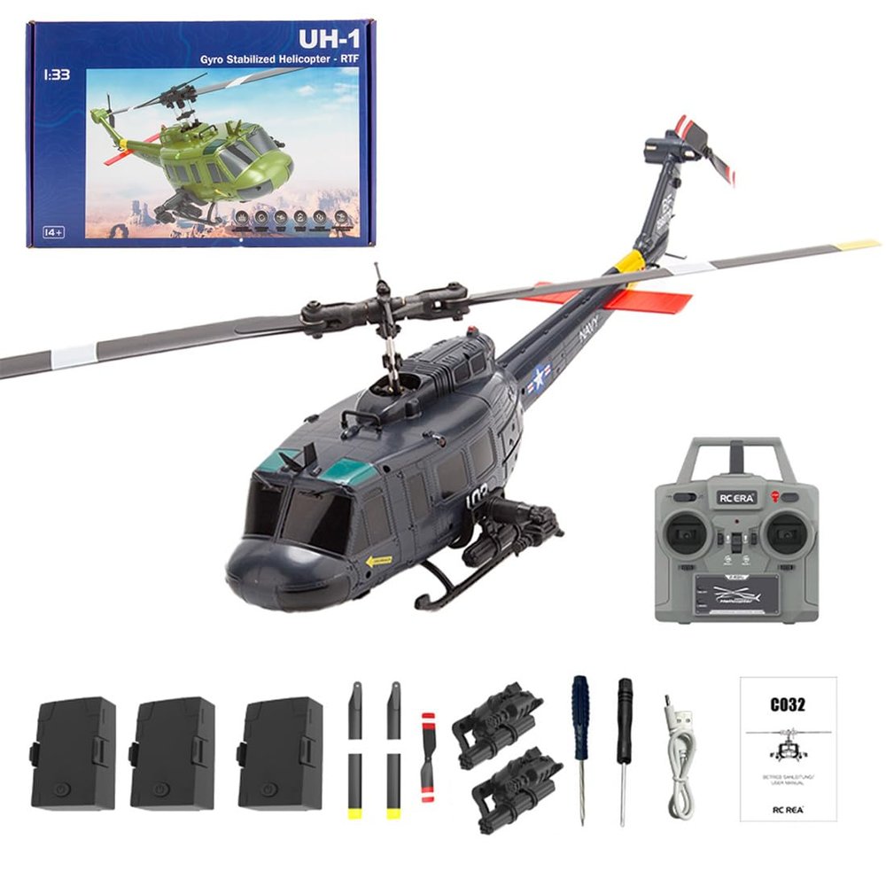XMBRICDIYY UH-1 Huey RC Helicopter, 1/48 2.4G 6CH Flybarless RC Helicopter Model with Optical Flow Positioning, Outdoor Airplane for Beginner (RTF Version)