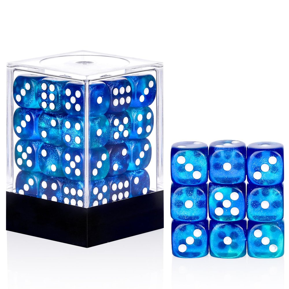 36 Pieces 12mm 6 Sided Mini Dice Set,Two Colours Glitter D6 Game Dice Set,6 Sided Standard Game Dice for Board Games Dice Games Classroom Teaching Dices Game,with Portable Gaming Box(Blue & Green)