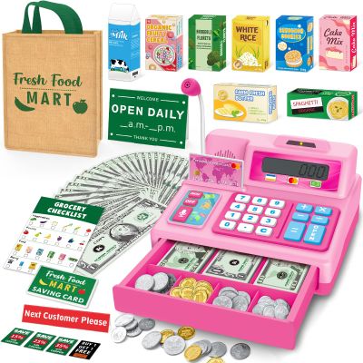 Cash Register Toy for Kids, 120 Pcs Grocery Store Playset with Credit Card, Grocery Boxes, Microphone, Calculator Cash Register Toy Gift for Toddlers, Pink