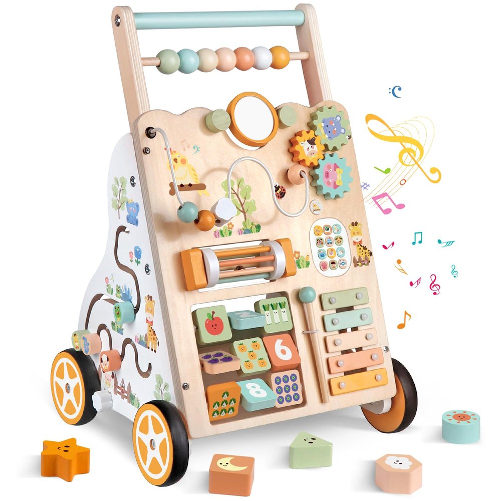 Wooden Baby Walker with Wheels, Push Walker with Baby Activity Center, Montessori Walking Toy for Girls Boys, Ajustable Speed & Height Activity Toy for Toddler Learning to Walk (Natural)