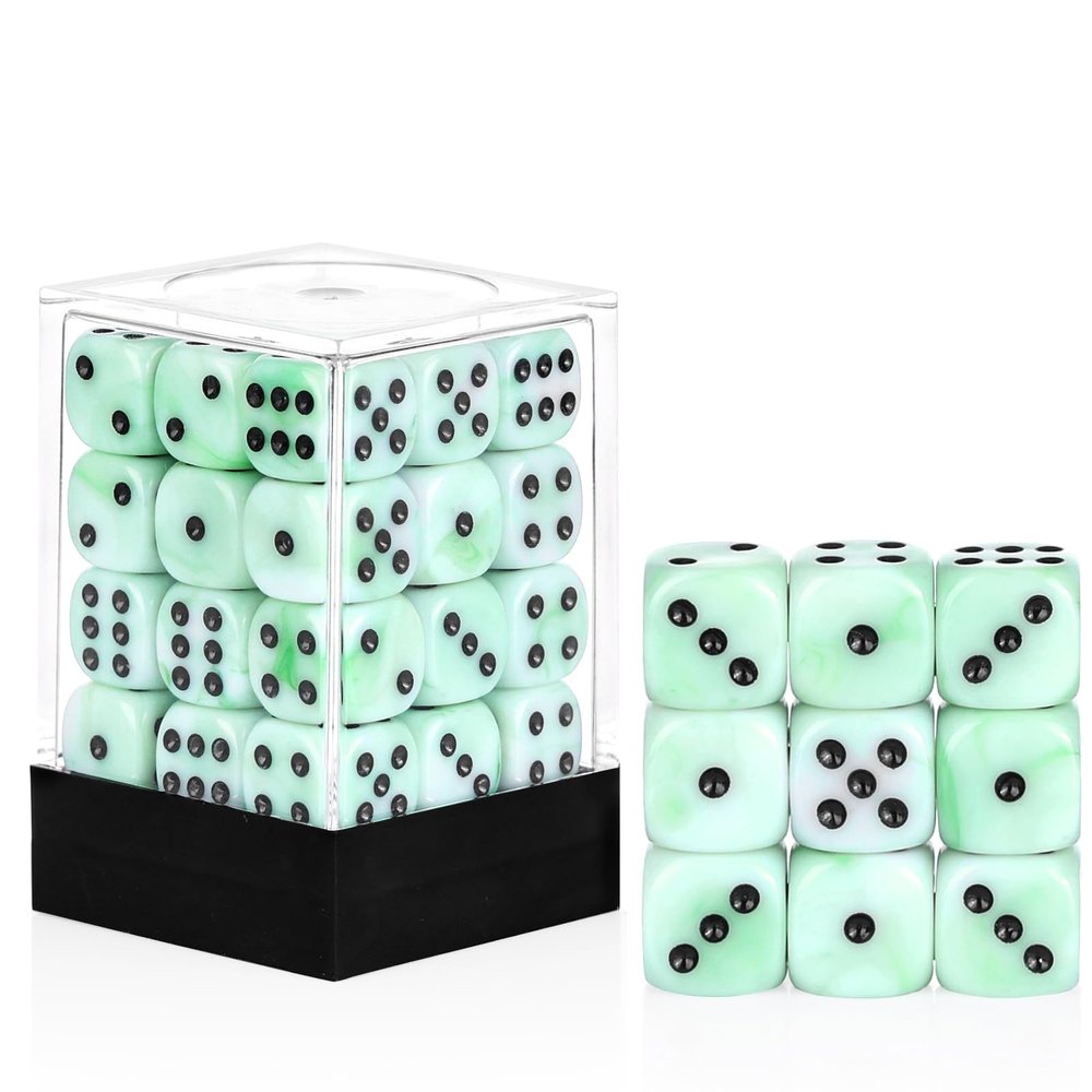 36 Pieces 12mm 6 Sided Mini Dice Set,Mixed Colours Swirls D6 Game Dice Set,6 Sided Standard Game Dice for Board Games Dice Games Classroom Teaching Dices Game,with Portable Gaming Box(Green & White)