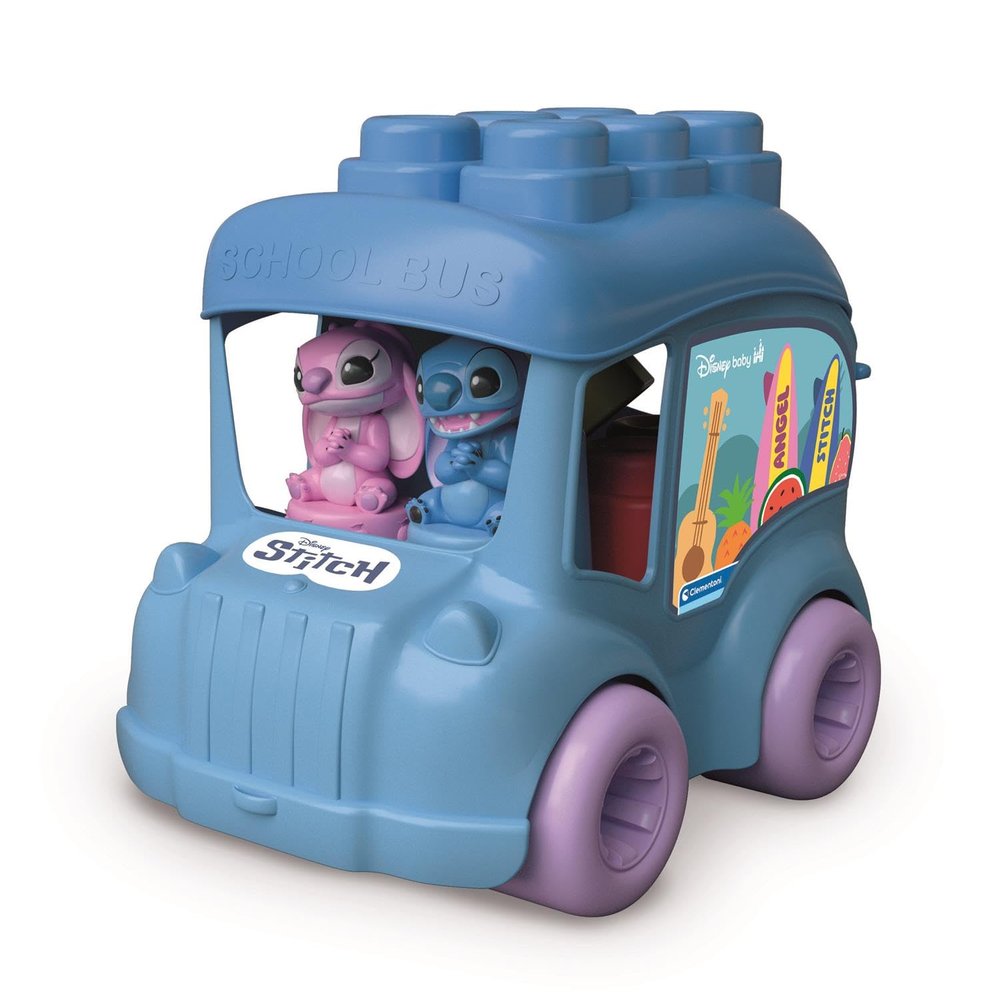 Clementoni Clemmy Disney Stitch Bus - Sensory Toy with Soft Blocks & Two Figures by Stitch & Angel - Building Blocks Set for Babies & Toddlers from 6 Months - 17974