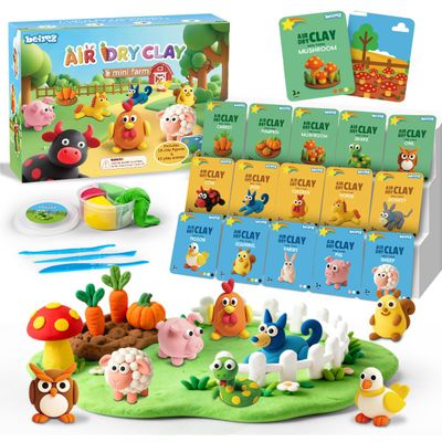 BEIREG Air Dry Clay for Kids - 15Pcs Farm Animals & Vegetables Modeling Clay with Tutorial Scence Card, Ultra Soft, Safe Non-Toxic Magic Clay, School Projects Party Favors for Boys Girls Ages 3-12