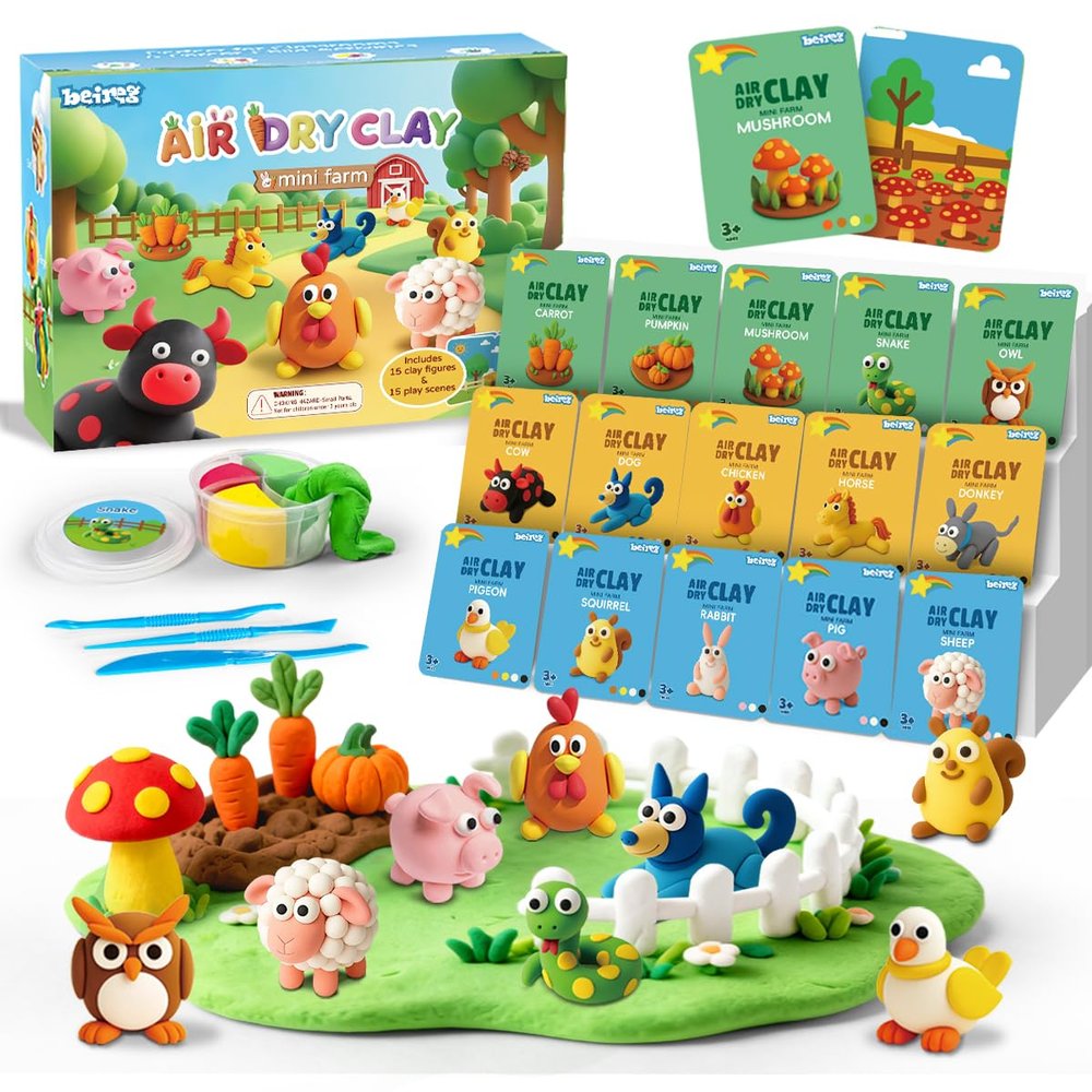 BEIREG Air Dry Clay for Kids - 15Pcs Farm Animals & Vegetables Modeling Clay with Tutorial Scence Card, Ultra Soft, Safe Non-Toxic Magic Clay, School Projects Party Favors for Boys Girls Ages 3-12