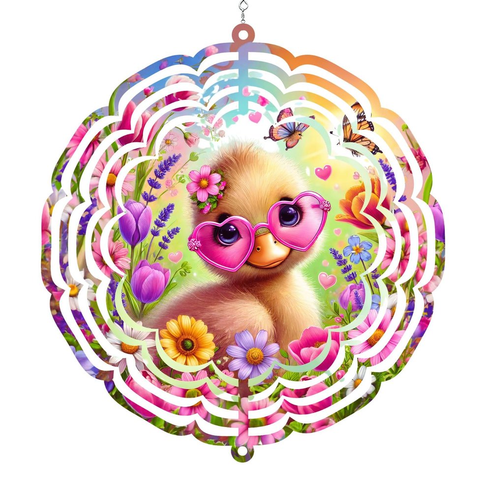 3D Wind Spinner, Decorative Garden Hanging Art with Duck Design, Floral Pattern, 12 inch Round
