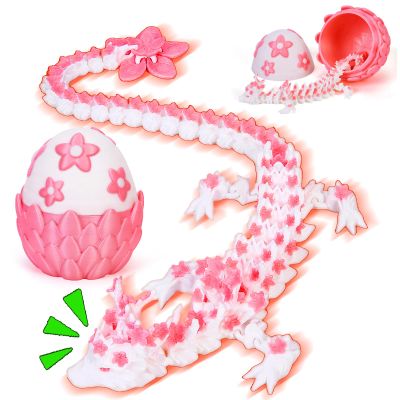 3D Printed Dragon Egg Pink, 12in Cherry Blossom Dragon Decor, Flexible Articulated Animals Fidget Toy for Kids Girls Sakura Decor