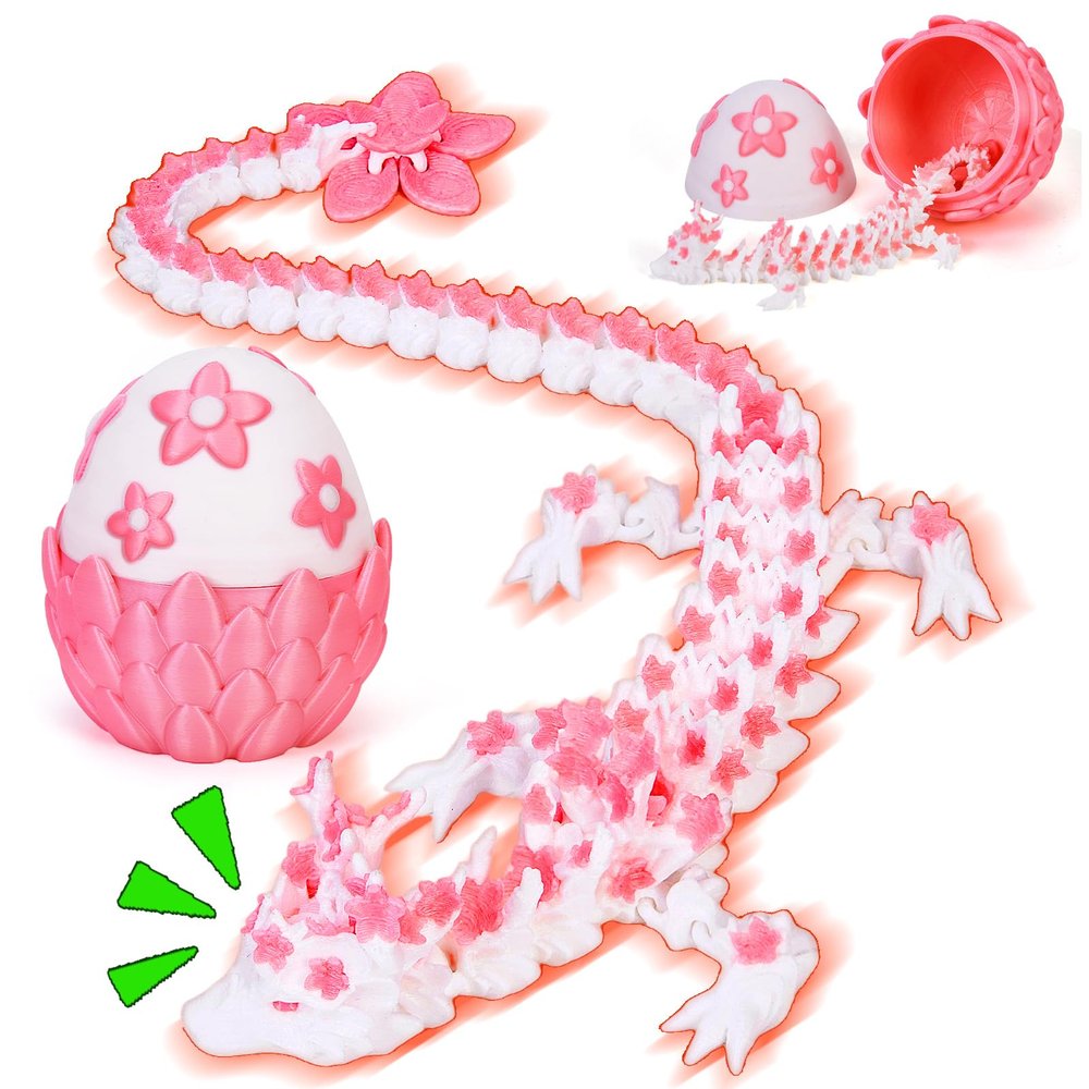 3D Printed Dragon Egg Pink, 12in Cherry Blossom Dragon Decor, Flexible Articulated Animals Fidget Toy for Kids Girls Sakura Decor