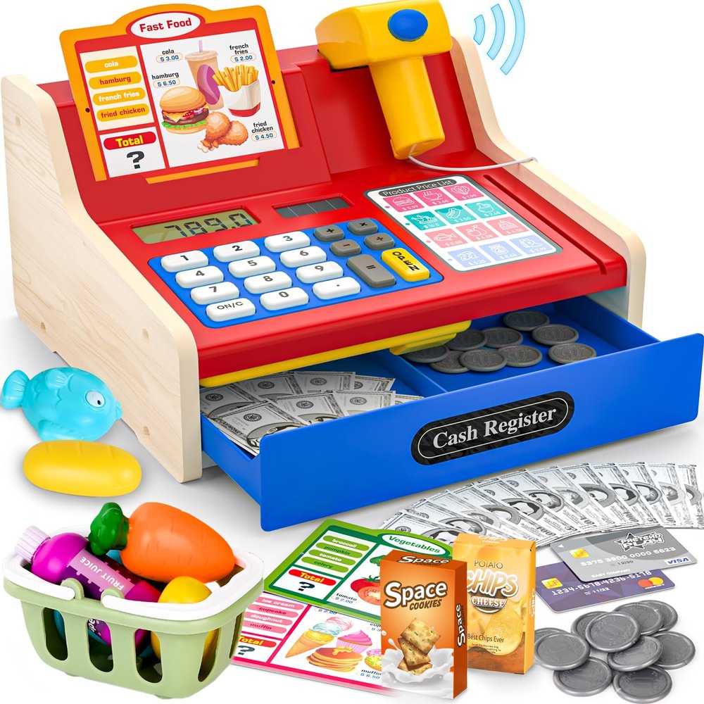 maysida Rechargeable Wooden Cash Register for Kids, Pretend Play Calculator Cash Register Toys with Scanner, Play Money&Credit Card, Play Cash Register, Toddler Boys Girls Age 2-4 4-8