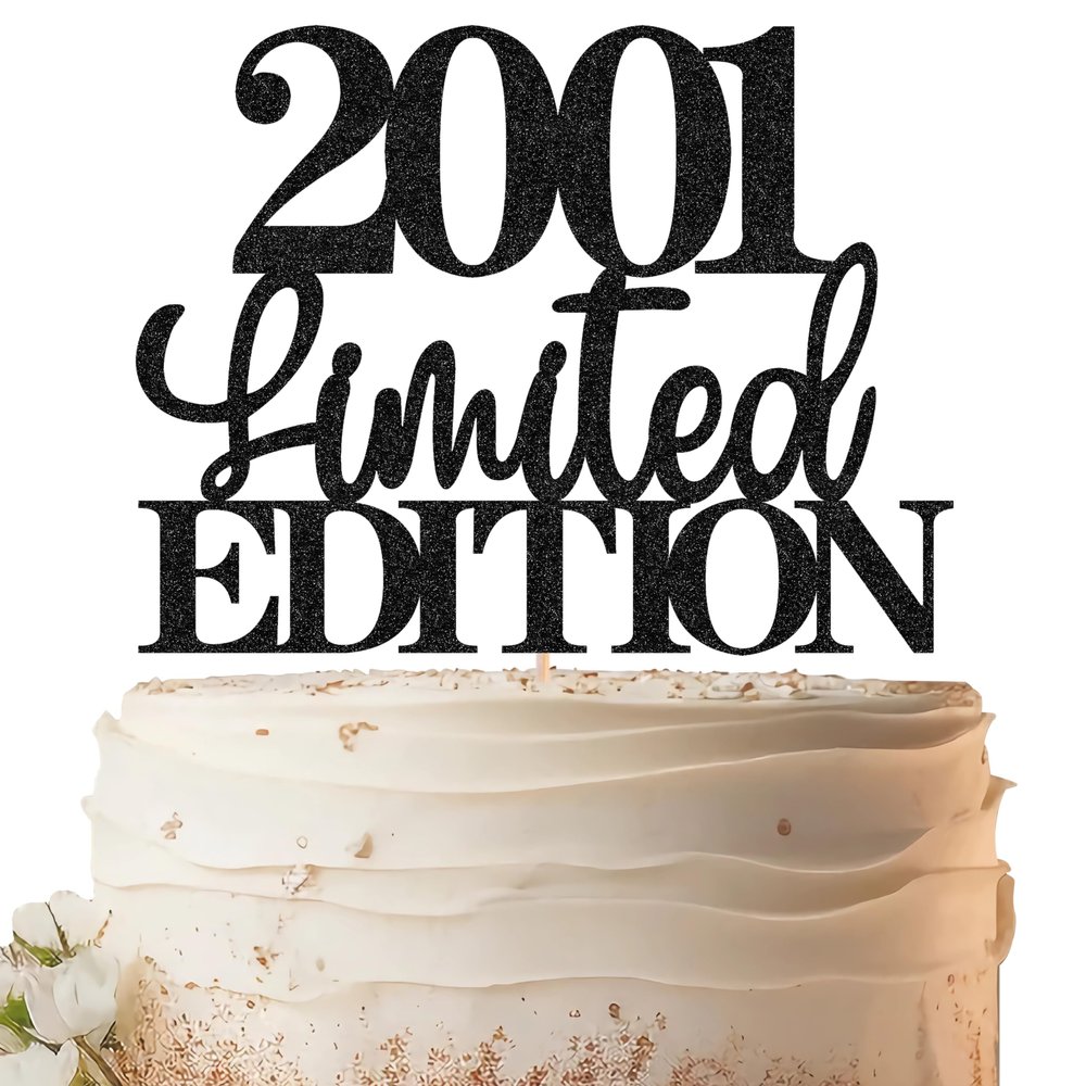 EONNCNT Limited EDITION 2001 Cake Topper - Black Glitter Happy 25th Birthday Party Cake Decoration Supplies, Cheer to 25 Years Cake Bunting Decor for 25th Birthday Party Photo Booth Props