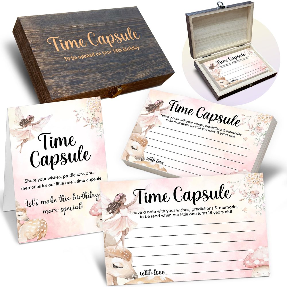 Baby Time Capsule Box for 1st Birthday Set of 50 Wishes Cards & Keepsake Gift Box First Birthday Party Games & Decorations (Fairy Garden Design) -A03