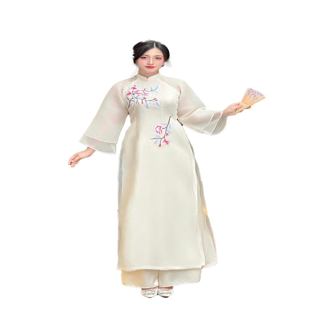 A1 Elegant Petal Bloom Cream Modern Vietnamese Ao Dai Set | Modern Ao Dai | Women Ao Dai | Lunar New Year (4XL)