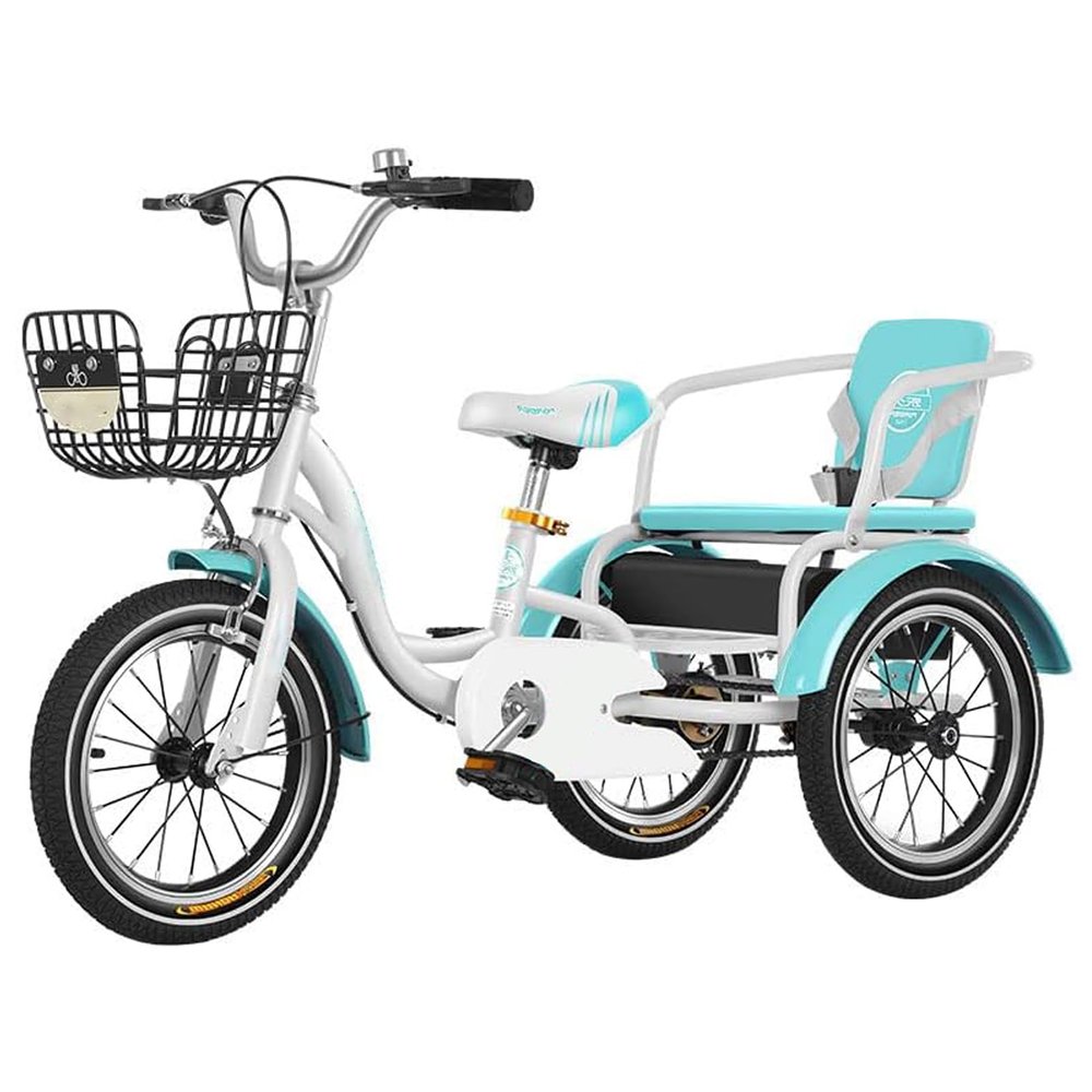 JIYIAN Double Seats Trike for Kids, Rickshaw 3 Wheels Bicycles High-Elastic Soft Cushion, Alloy Wheels & Wear-Resistant Tires, Gift for Toddlers,Green,18inch