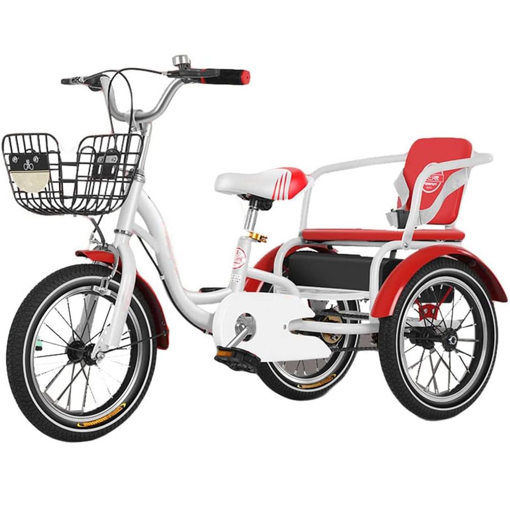 JIYIAN Double Seats Trike for Kids, Rickshaw 3 Wheels Bicycles High-Elastic Soft Cushion, Alloy Wheels & Wear-Resistant Tires, Gift for Toddlers,Red,18inch