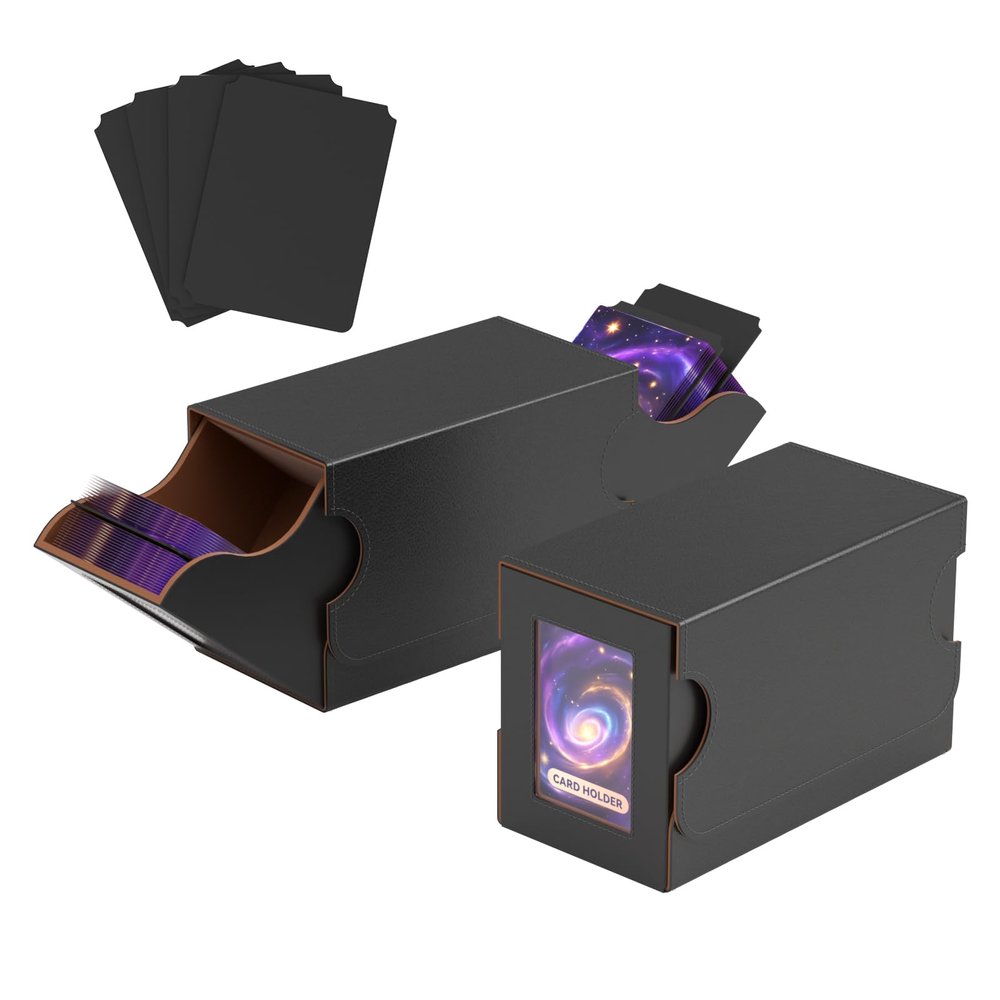 Card Deck Box Trading Card Storage Box MTG Commander Deck Box TCG with 4 Dividers Sports Card Storage Holder 200 Single Sleeved Leather Magnetic Closure YuGiOh Deckbox TCG Case Desktop Organizer Black